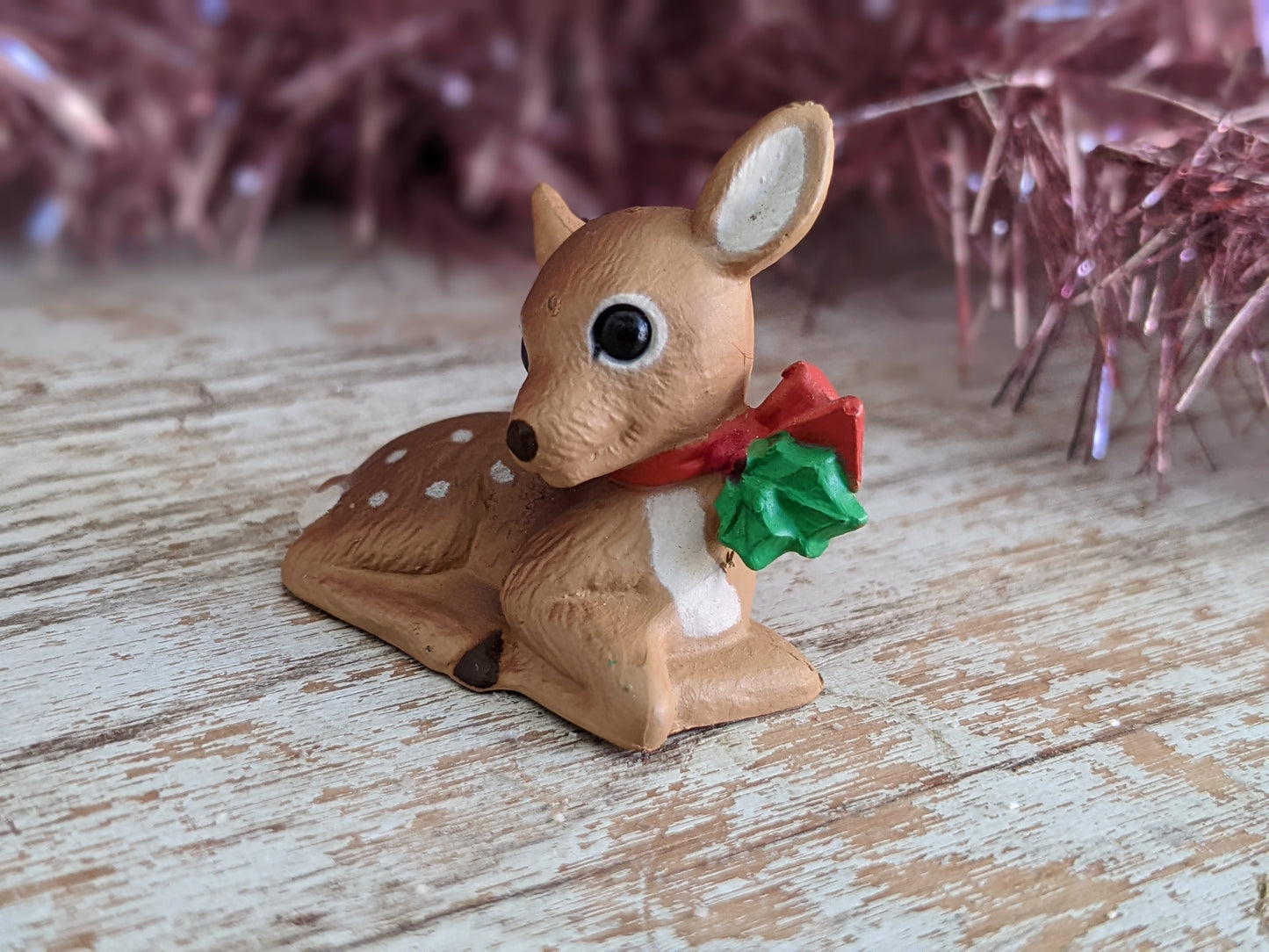 1987 Fawn Laying Down Holly Red Bow Merry Miniature by Hallmark Christmas Holiday Collectibles No. XHA3757 !! Retro Holiday Gifts !!