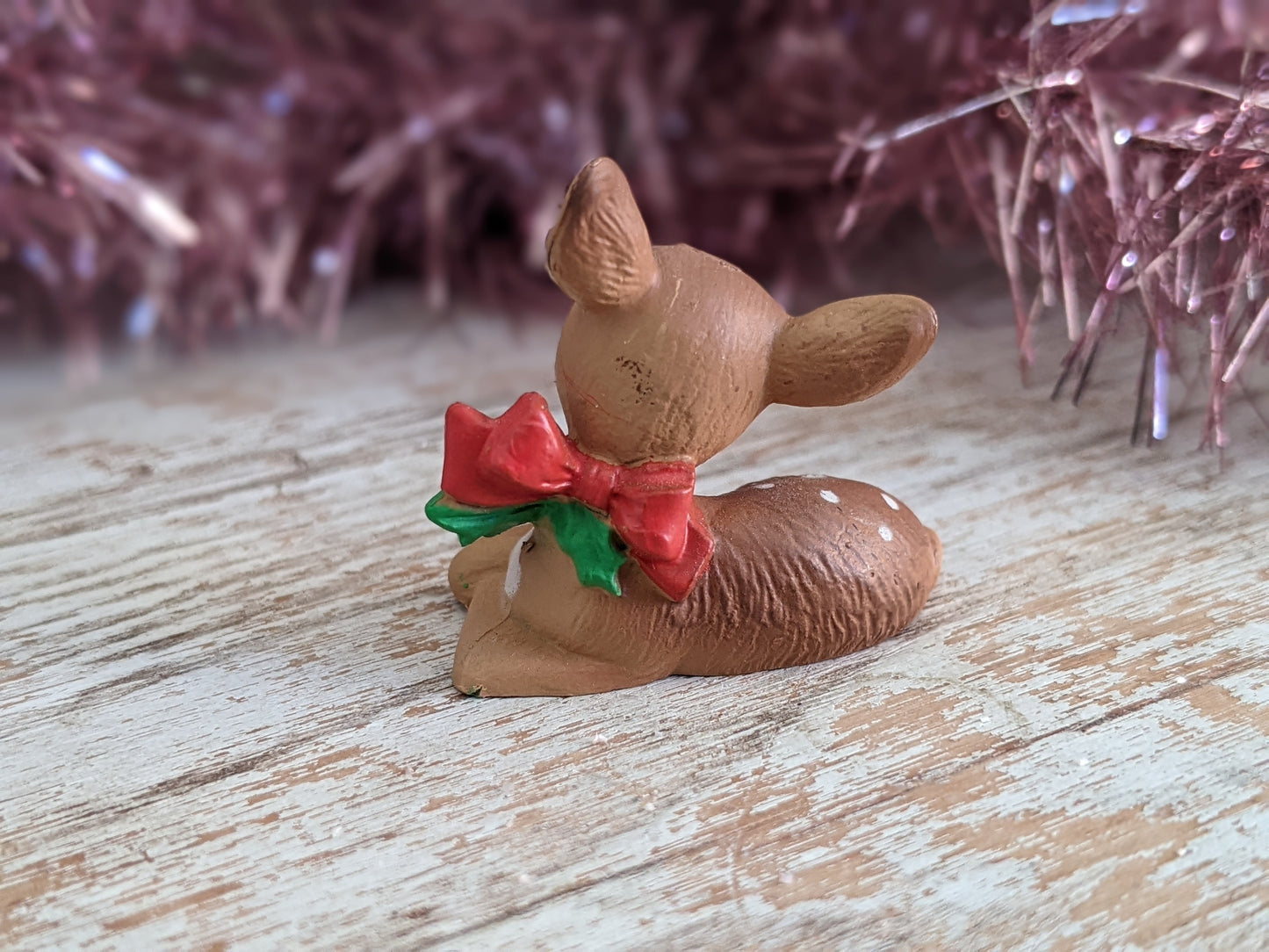 1987 Fawn Laying Down Holly Red Bow Merry Miniature by Hallmark Christmas Holiday Collectibles No. XHA3757 !! Retro Holiday Gifts !!
