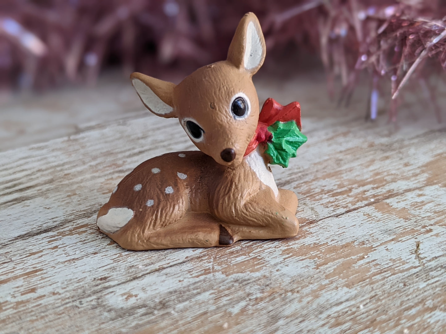 1987 Fawn Laying Down Holly Red Bow Merry Miniature by Hallmark Christmas Holiday Collectibles No. XHA3757 !! Retro Holiday Gifts !!