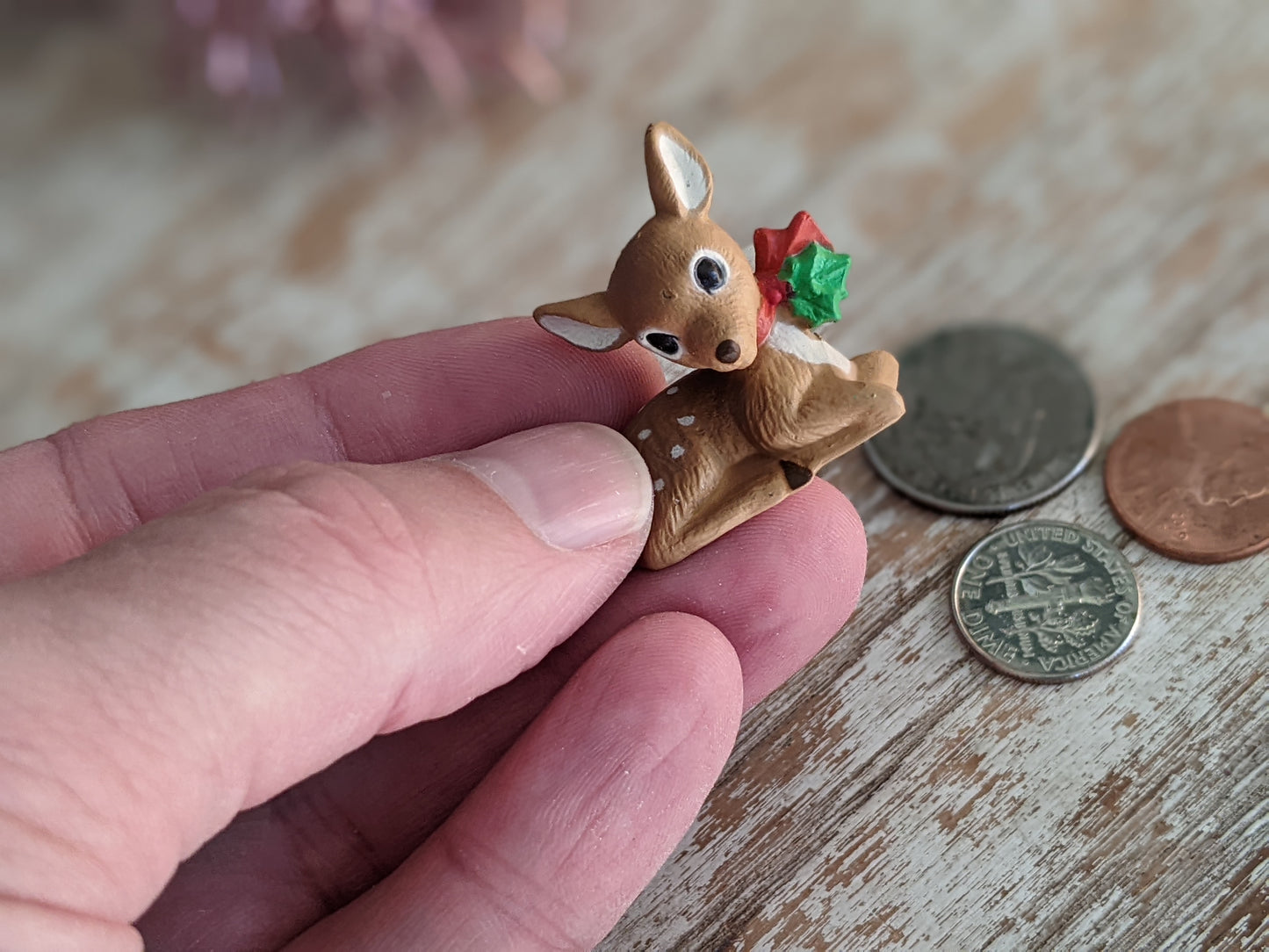 1987 Fawn Laying Down Holly Red Bow Merry Miniature by Hallmark Christmas Holiday Collectibles No. XHA3757 !! Retro Holiday Gifts !!