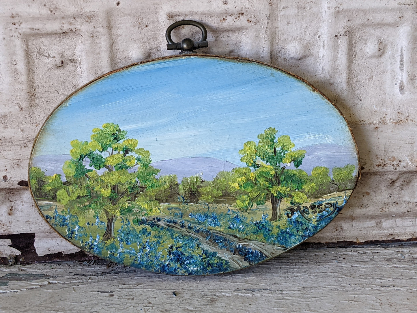 Vintage Signed "Massey" Original Miniature Painting Bluebonnet 6" x 4" Oval Wood !! Beautifully Painted Vintage Gifts !!