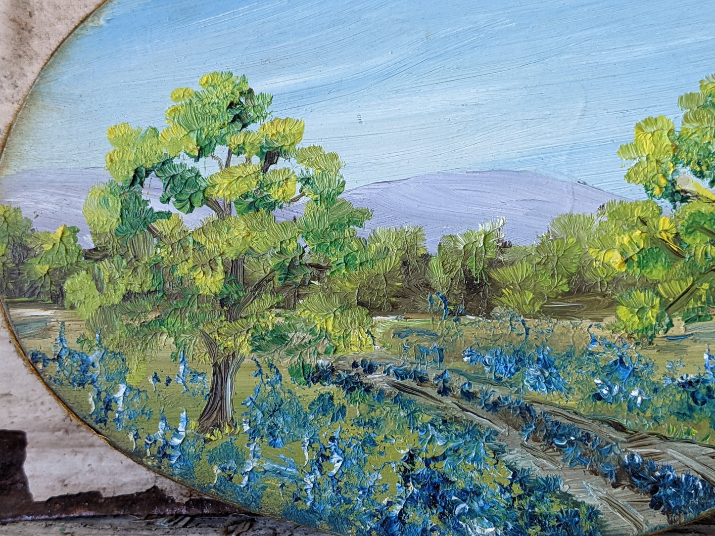 Vintage Signed "Massey" Original Miniature Painting Bluebonnet 6" x 4" Oval Wood !! Beautifully Painted Vintage Gifts !!