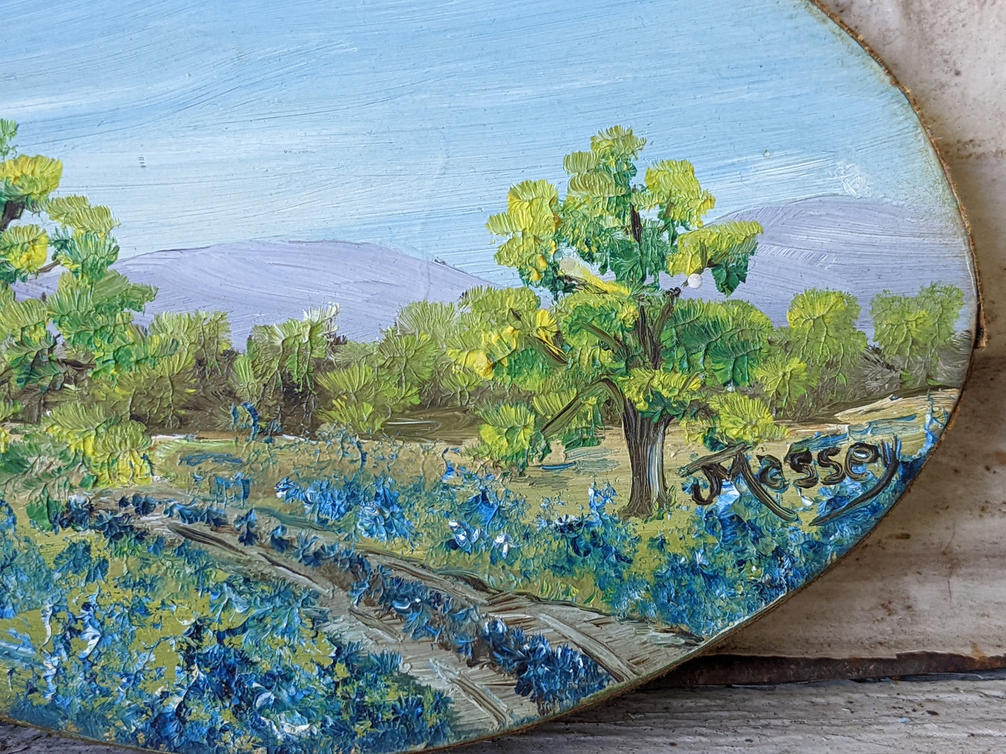 Vintage Signed "Massey" Original Miniature Painting Bluebonnet 6" x 4" Oval Wood !! Beautifully Painted Vintage Gifts !!