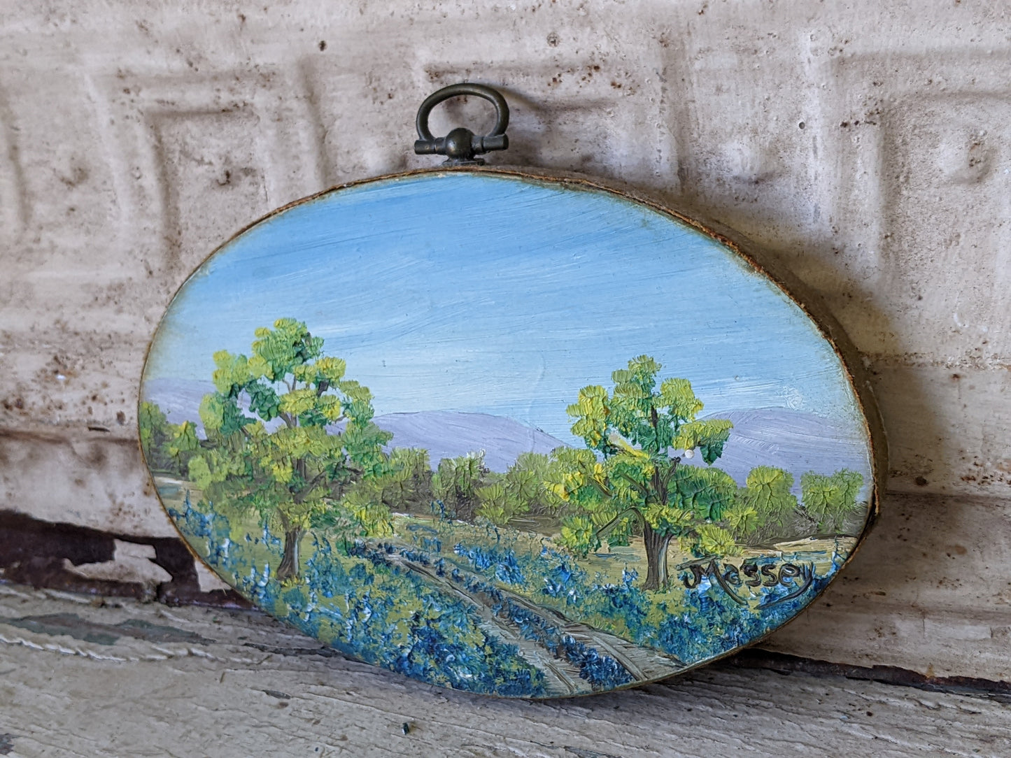 Vintage Signed "Massey" Original Miniature Painting Bluebonnet 6" x 4" Oval Wood !! Beautifully Painted Vintage Gifts !!
