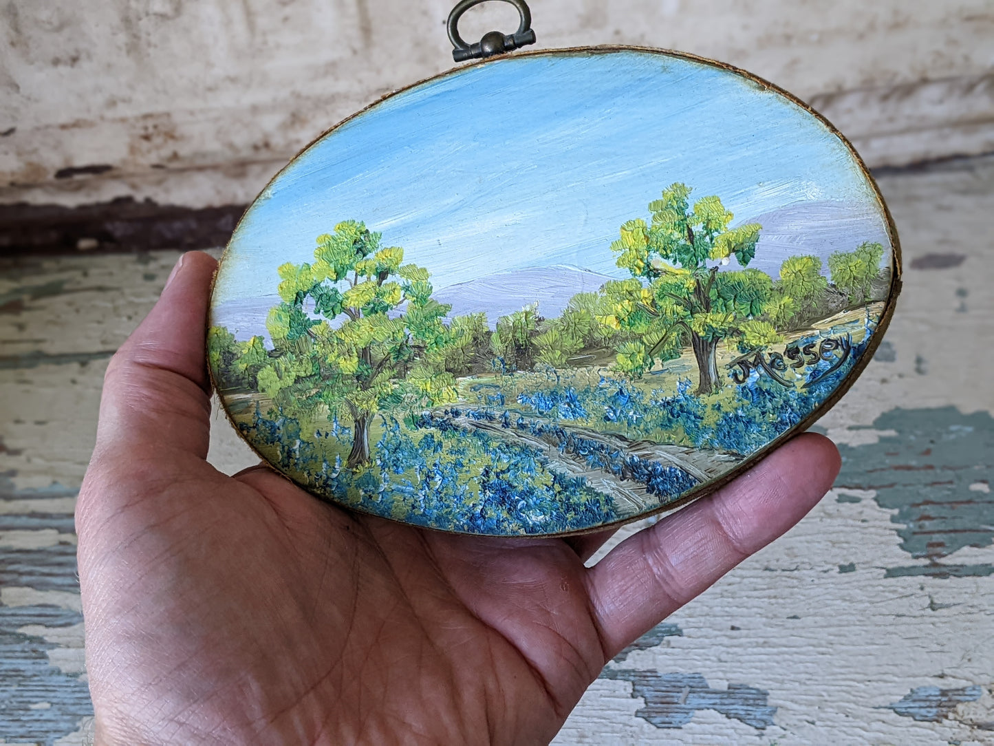 Vintage Signed "Massey" Original Miniature Painting Bluebonnet 6" x 4" Oval Wood !! Beautifully Painted Vintage Gifts !!