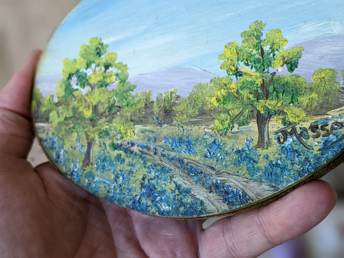 Vintage Signed "Massey" Original Miniature Painting Bluebonnet 6" x 4" Oval Wood !! Beautifully Painted Vintage Gifts !!