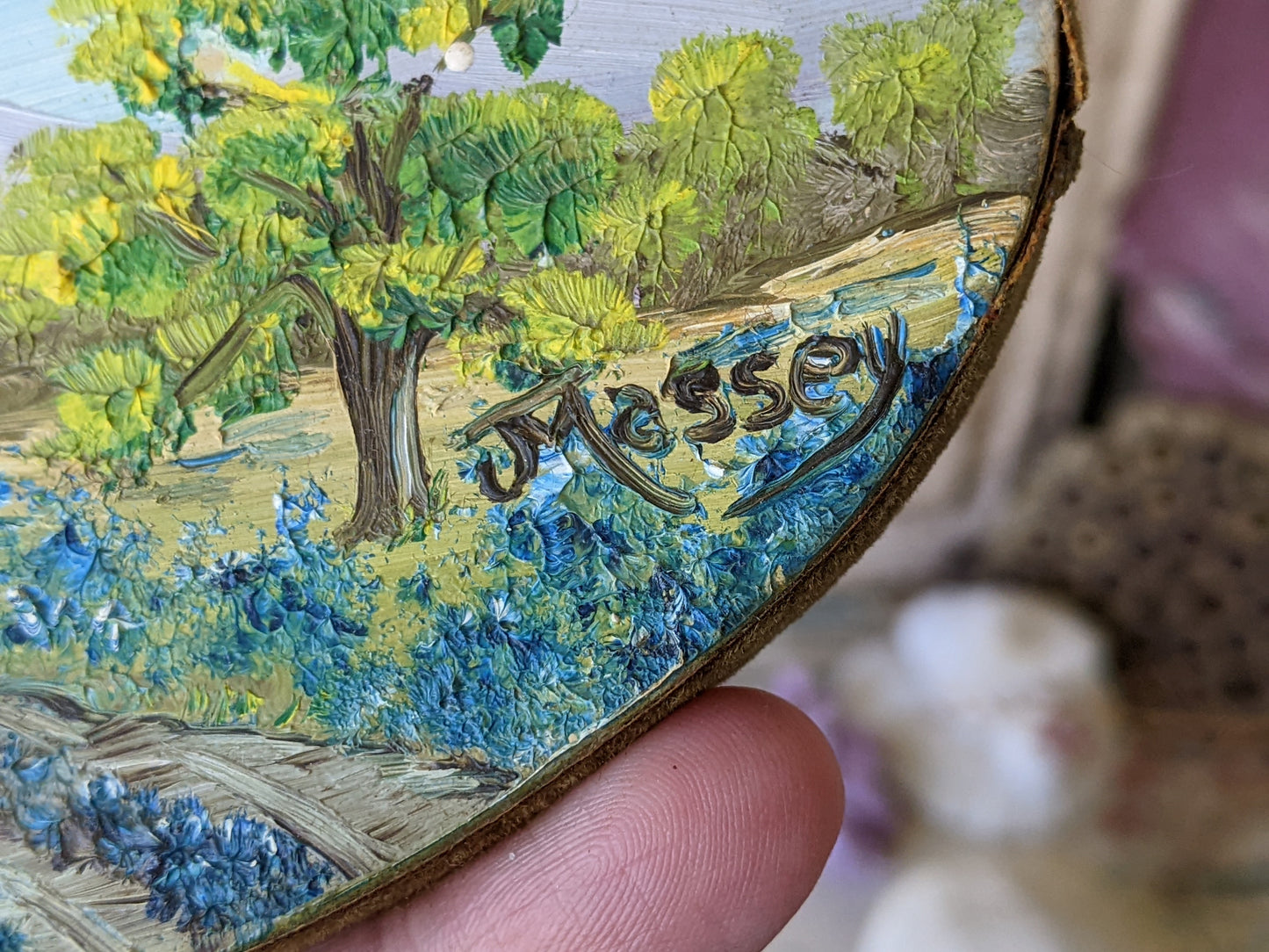 Vintage Signed "Massey" Original Miniature Painting Bluebonnet 6" x 4" Oval Wood !! Beautifully Painted Vintage Gifts !!