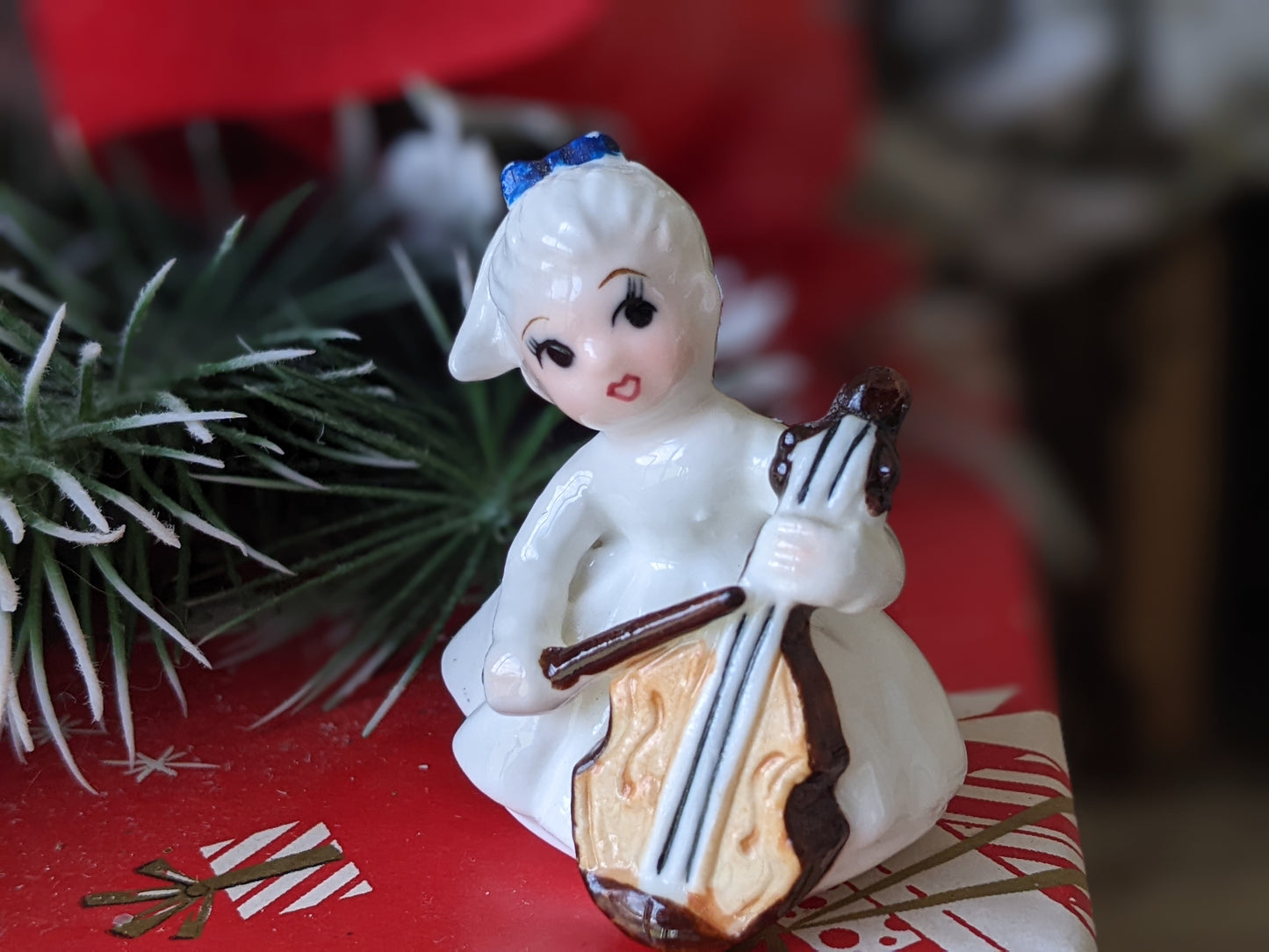 1950s Girl in White w Blue Bow Playing Cello Bone China Japan Hand-painted !! Vintage Collectibles !! Joyful Gift Ideas !!