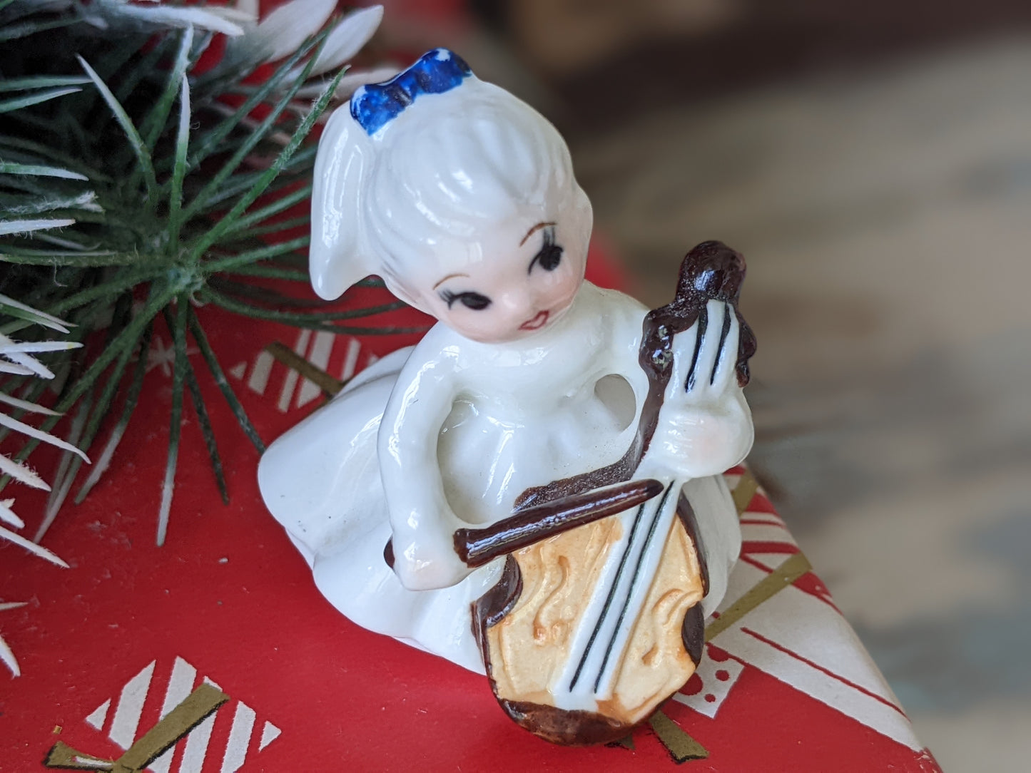1950s Girl in White w Blue Bow Playing Cello Bone China Japan Hand-painted !! Vintage Collectibles !! Joyful Gift Ideas !!