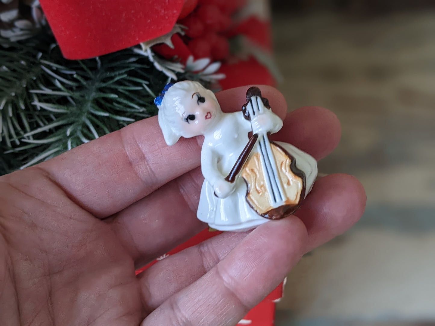 1950s Girl in White w Blue Bow Playing Cello Bone China Japan Hand-painted !! Vintage Collectibles !! Joyful Gift Ideas !!