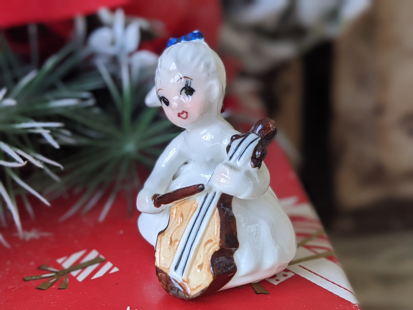 1950s Girl in White w Blue Bow Playing Cello Bone China Japan Hand-painted !! Vintage Collectibles !! Joyful Gift Ideas !!