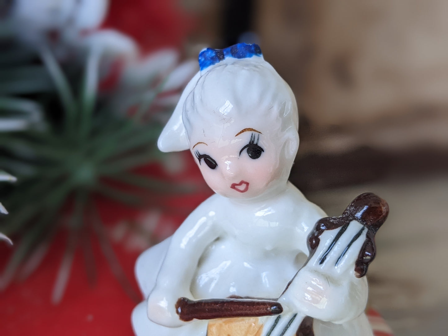 1950s Girl in White w Blue Bow Playing Cello Bone China Japan Hand-painted !! Vintage Collectibles !! Joyful Gift Ideas !!