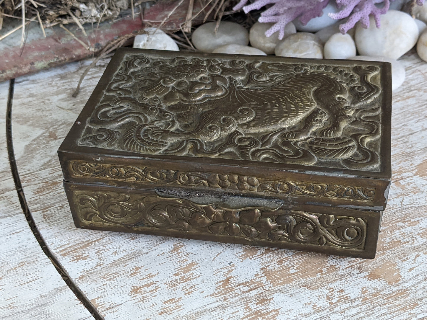 VIntage Chinese Foo Embossed Relief Cedar Box Trinket Cigarette Brass Finish !! Awesome Vintage Gifts !! Unique Gift Ideas !!