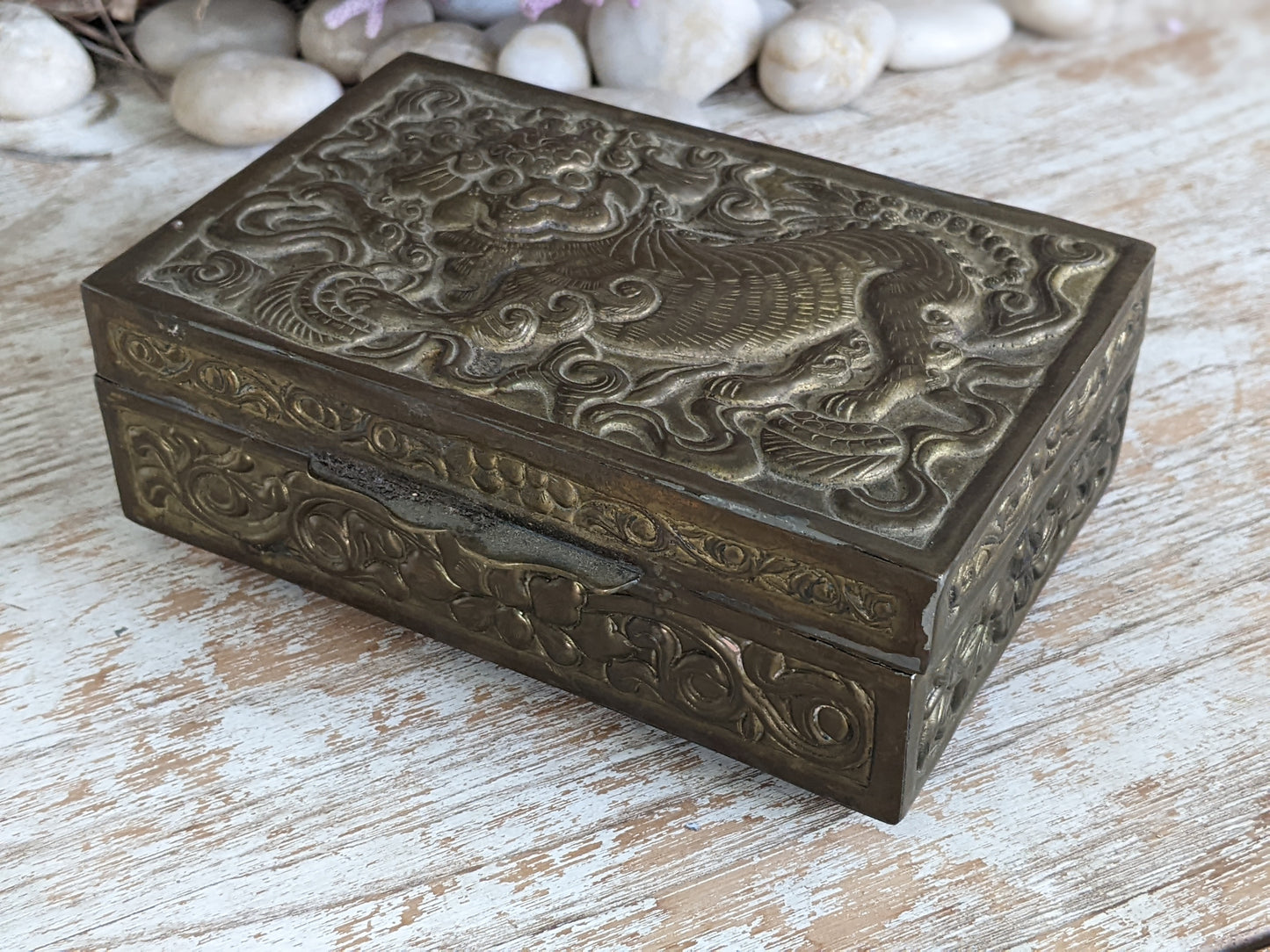 VIntage Chinese Foo Embossed Relief Cedar Box Trinket Cigarette Brass Finish !! Awesome Vintage Gifts !! Unique Gift Ideas !!