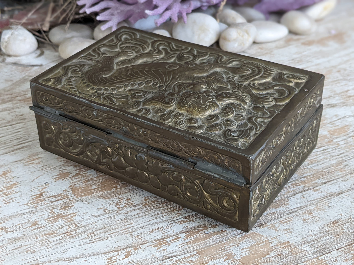 VIntage Chinese Foo Embossed Relief Cedar Box Trinket Cigarette Brass Finish !! Awesome Vintage Gifts !! Unique Gift Ideas !!