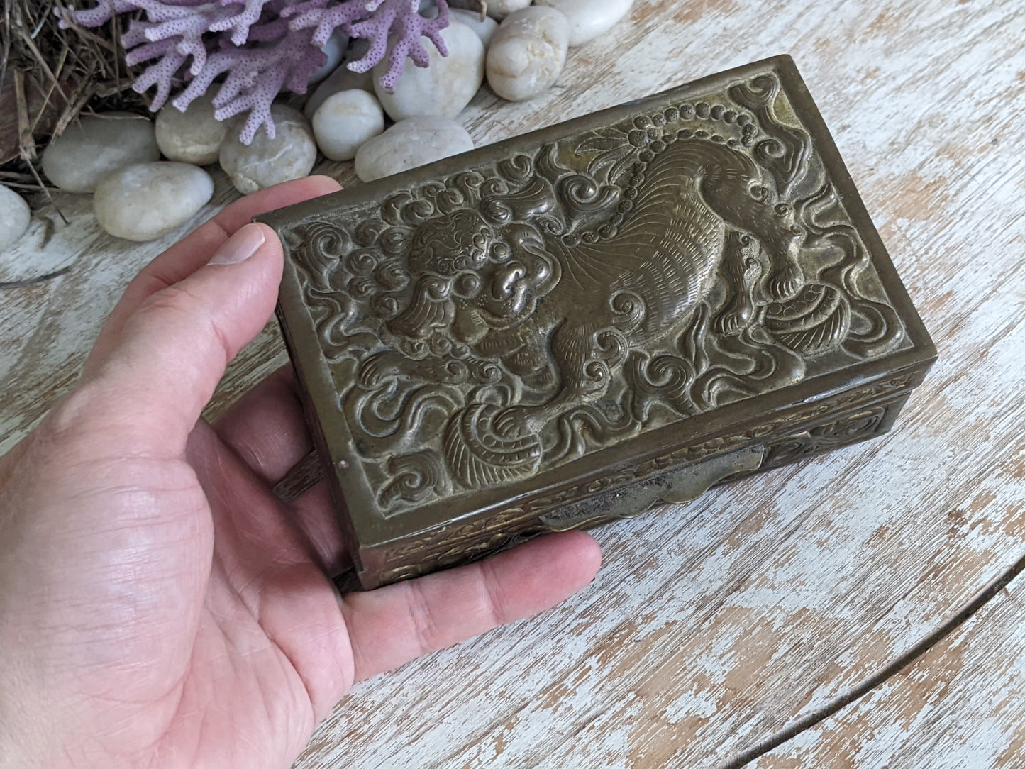 VIntage Chinese Foo Embossed Relief Cedar Box Trinket Cigarette Brass Finish !! Awesome Vintage Gifts !! Unique Gift Ideas !!