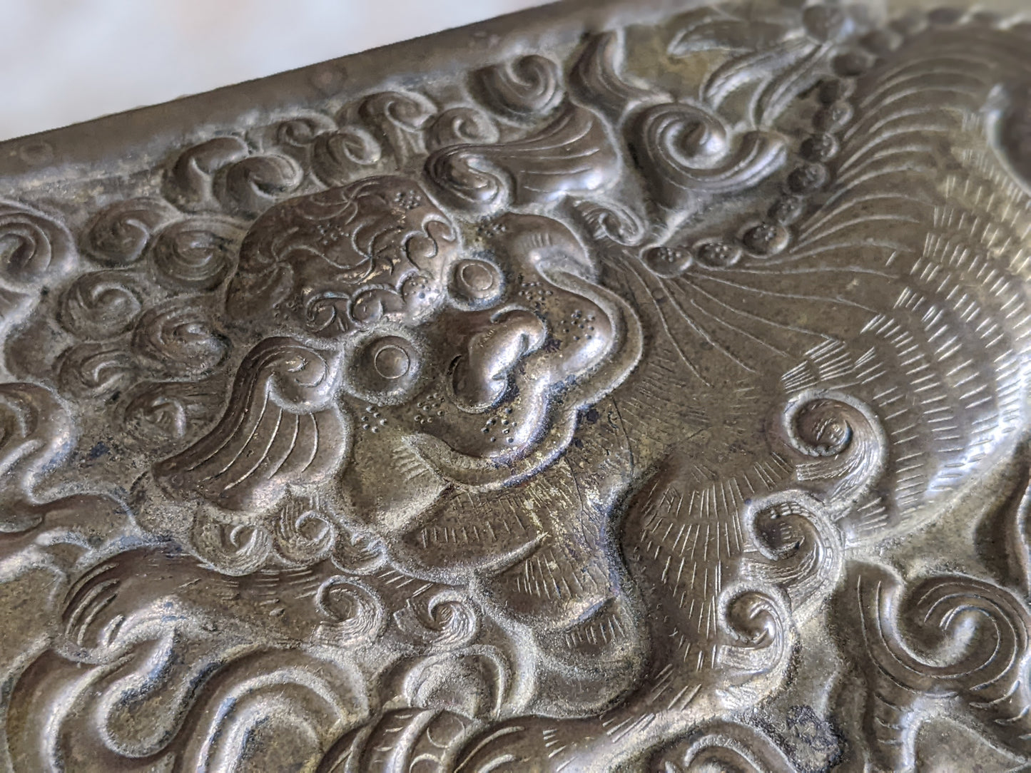 VIntage Chinese Foo Embossed Relief Cedar Box Trinket Cigarette Brass Finish !! Awesome Vintage Gifts !! Unique Gift Ideas !!