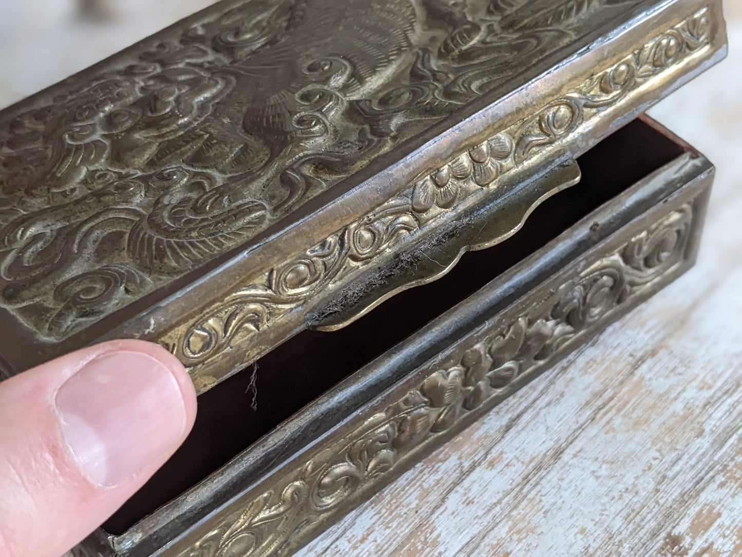 VIntage Chinese Foo Embossed Relief Cedar Box Trinket Cigarette Brass Finish !! Awesome Vintage Gifts !! Unique Gift Ideas !!
