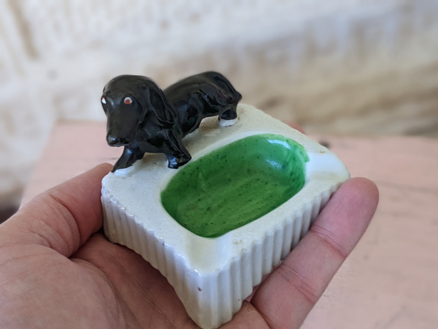 1950s Dachshund Charming Ashtray !! Rare !! Hand-Painted Porcelain Japan !! Awesome Unusual Gifts !! Retro Style Gift Ideas !!