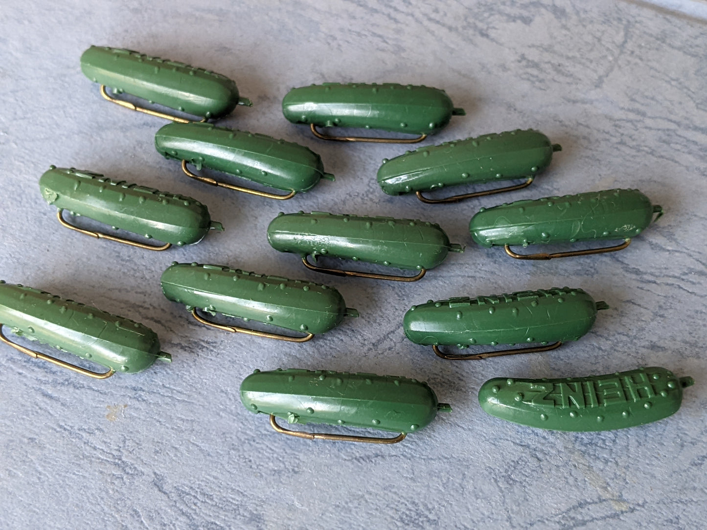 1950s Original Heinz Pickle Pin Set of 12 Advertising Miniature Green Dill Tiny Food Foodie Jewelry !! Vintage Novelty Gifts !!