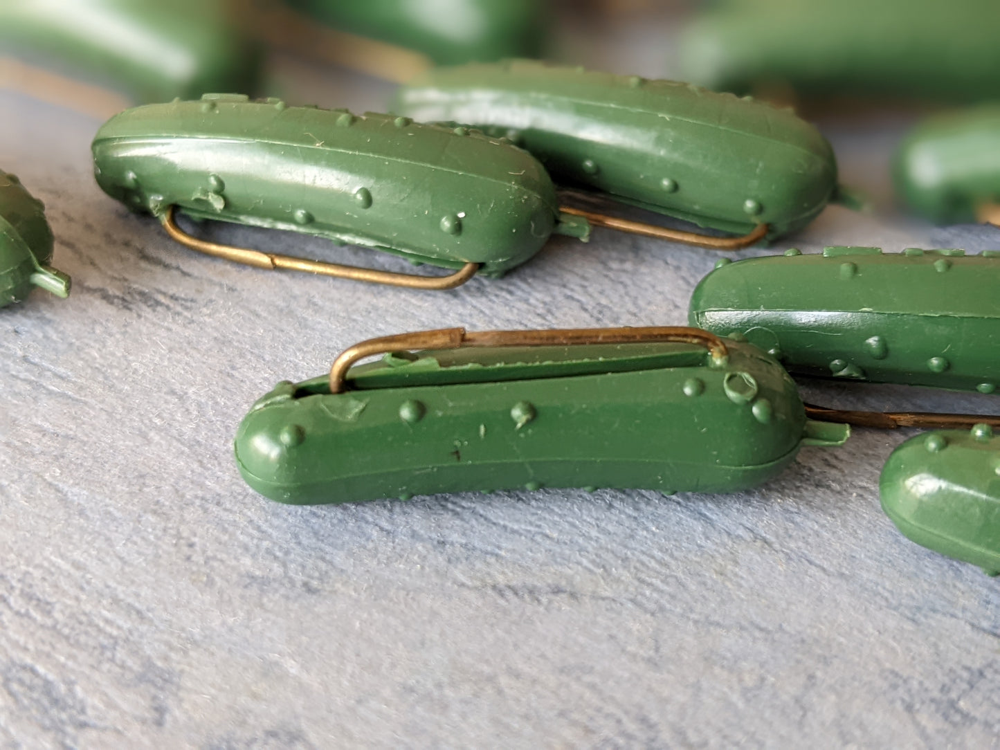 1950s Original Heinz Pickle Pin Set of 12 Advertising Miniature Green Dill Tiny Food Foodie Jewelry !! Vintage Novelty Gifts !!