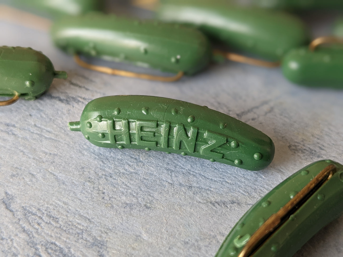 1950s Original Heinz Pickle Pin Set of 12 Advertising Miniature Green Dill Tiny Food Foodie Jewelry !! Vintage Novelty Gifts !!