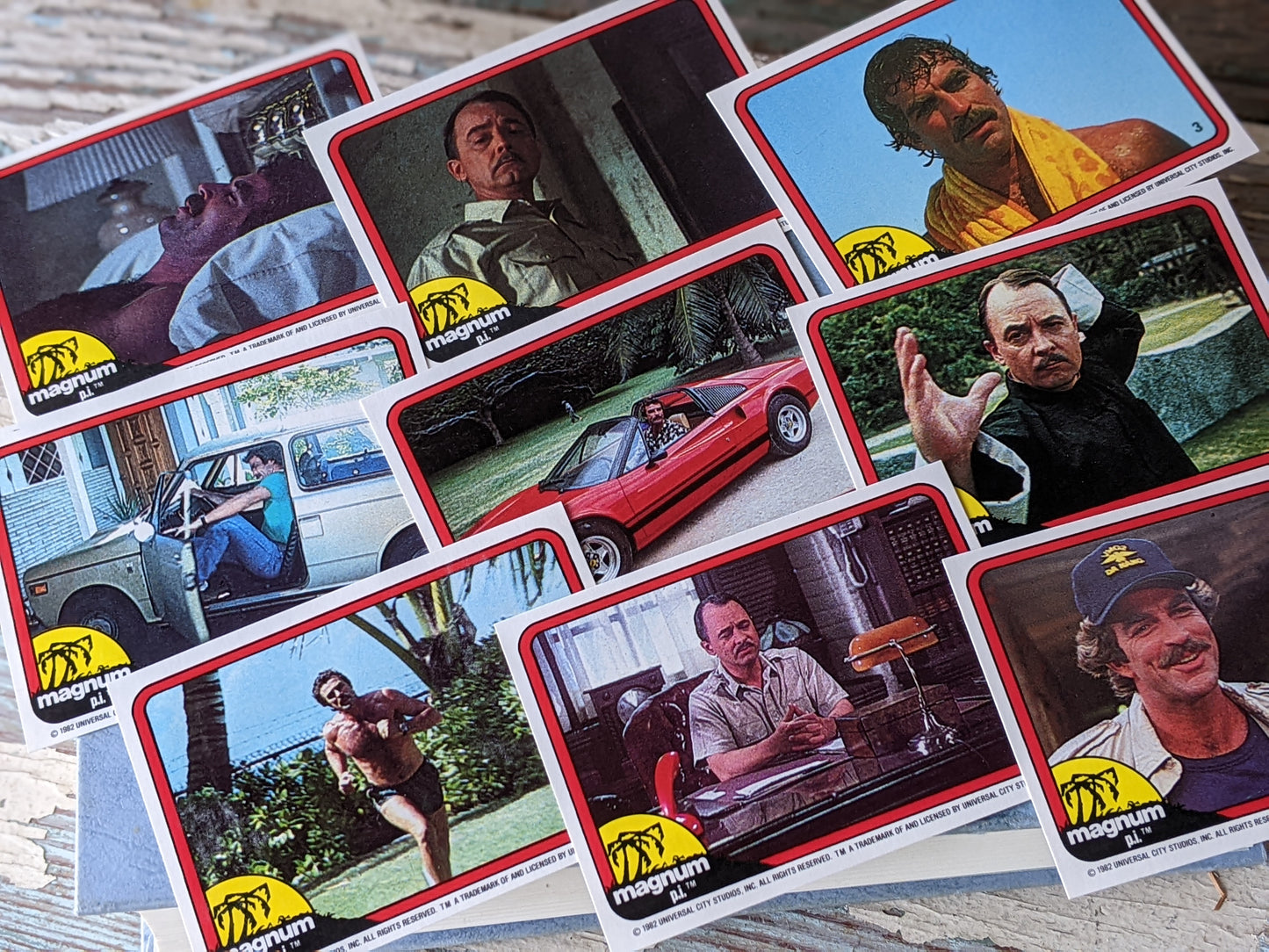 1982 Magnum PI Complete 66 Photo Card Set + Single Empty Wax Wrapper by Topps !! Mint Vintage Gifts & Collectibles !!