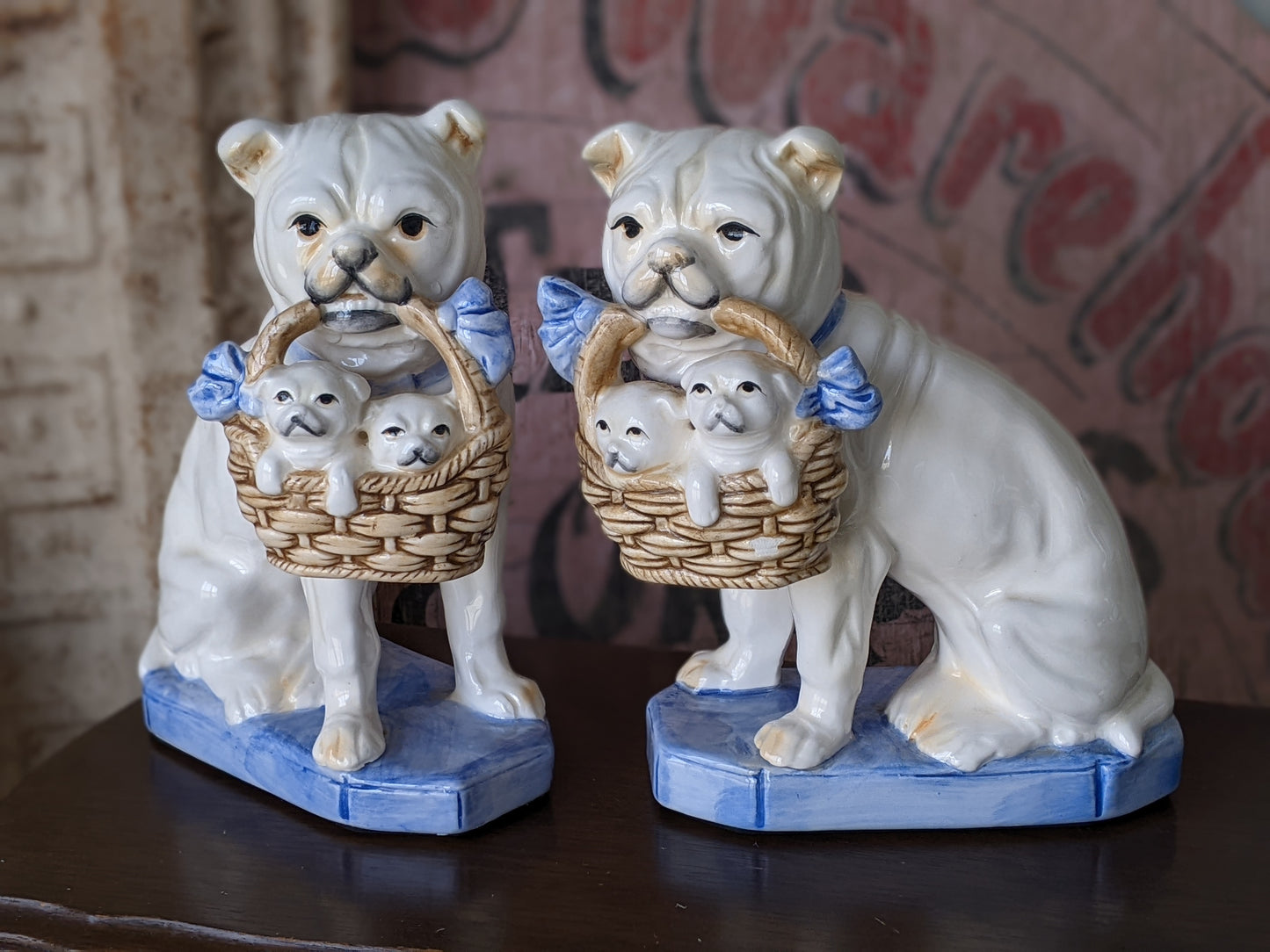 1960s Fitz & Floyd Bulldog Puppies Bookends Porcelain Rare Design in Slightly Damaged Condition !! A Perfect Vintage Gift !!!
