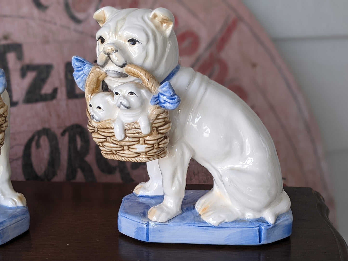 1960s Fitz & Floyd Bulldog Puppies Bookends Porcelain Rare Design in Slightly Damaged Condition !! A Perfect Vintage Gift !!!