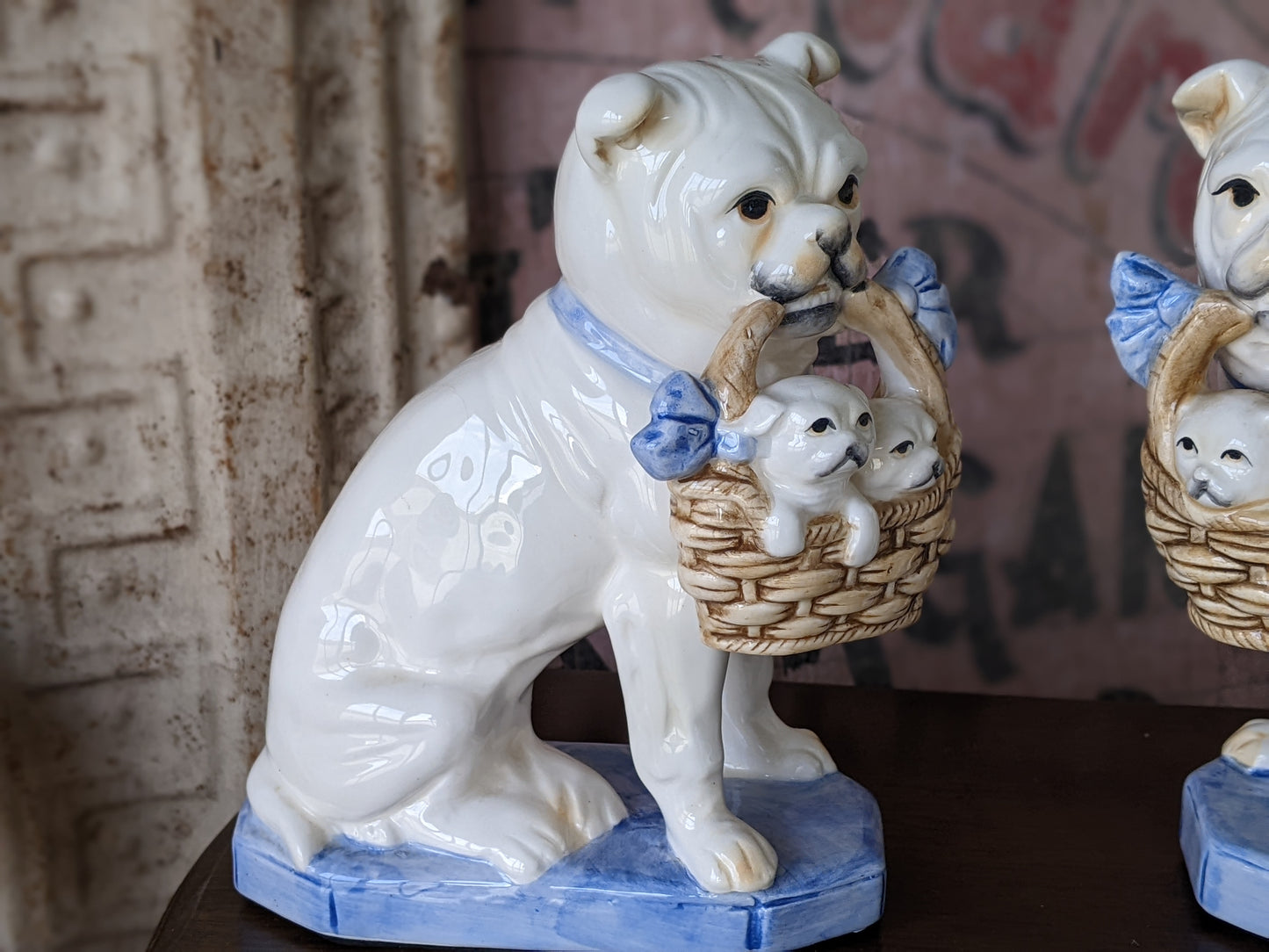 1960s Fitz & Floyd Bulldog Puppies Bookends Porcelain Rare Design in Slightly Damaged Condition !! A Perfect Vintage Gift !!!