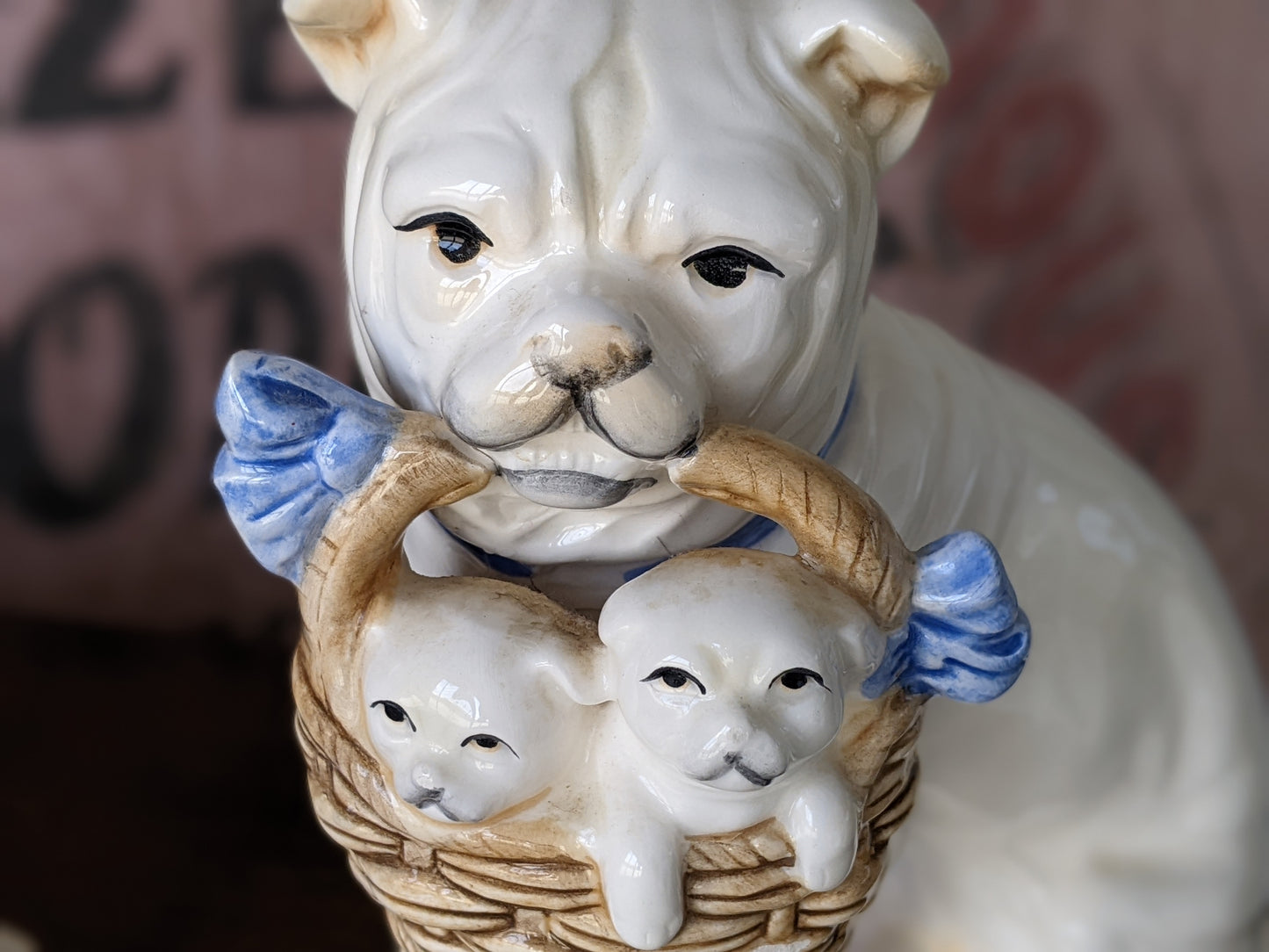 1960s Fitz & Floyd Bulldog Puppies Bookends Porcelain Rare Design in Slightly Damaged Condition !! A Perfect Vintage Gift !!!