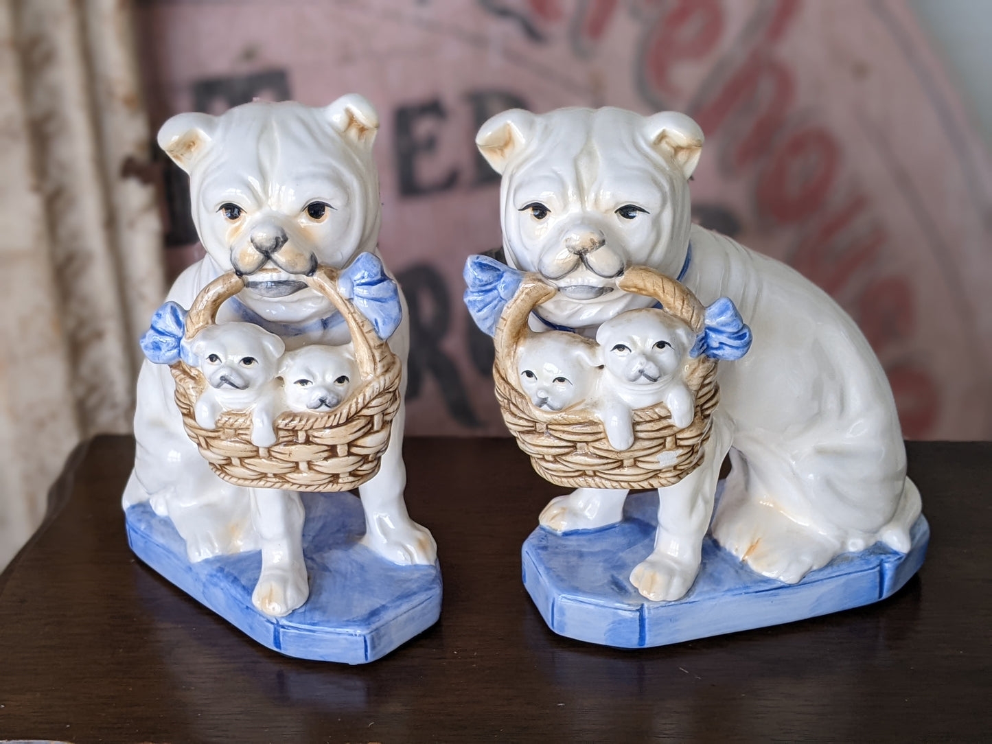 1960s Fitz & Floyd Bulldog Puppies Bookends Porcelain Rare Design in Slightly Damaged Condition !! A Perfect Vintage Gift !!!