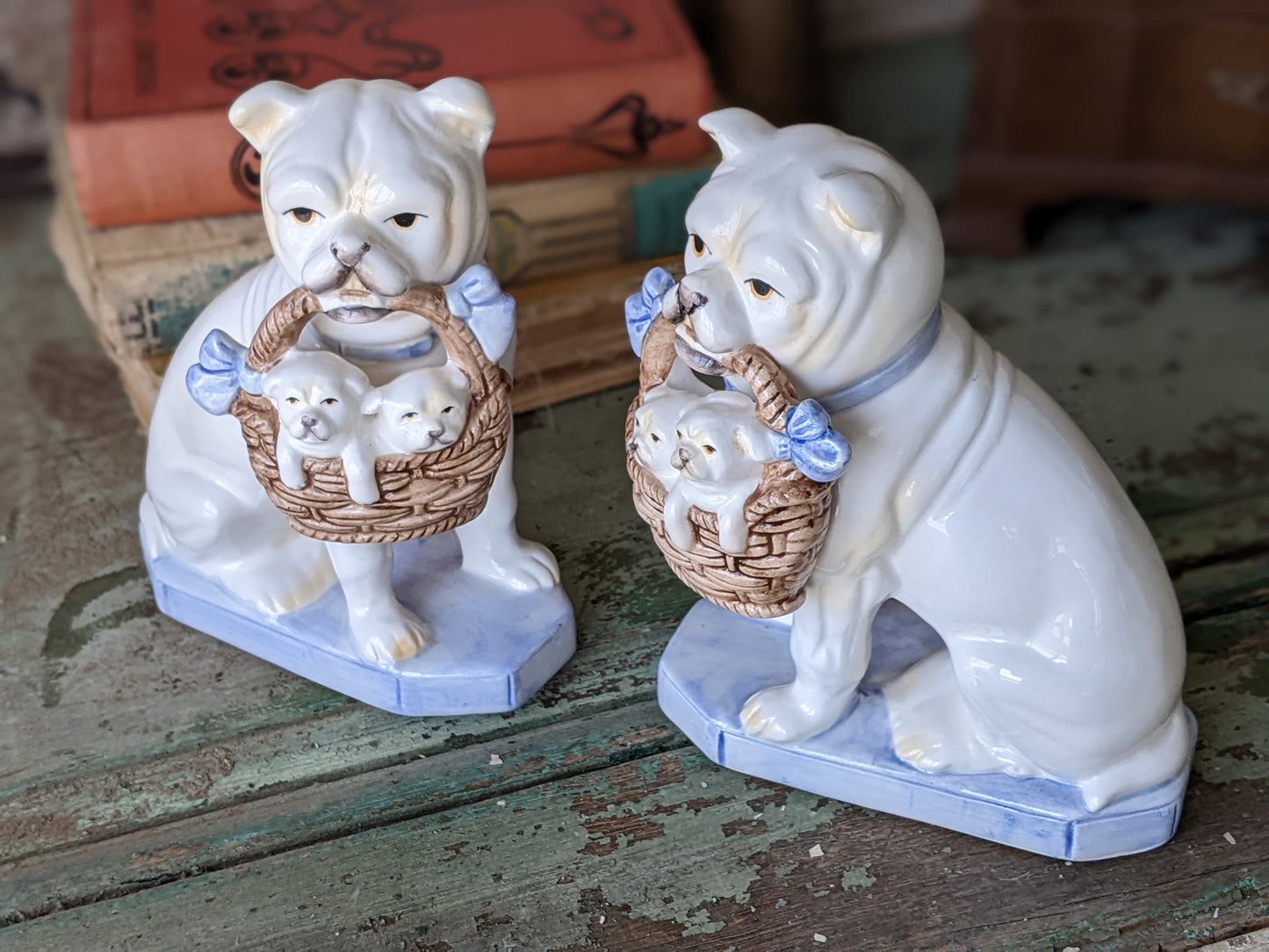 1960s Fitz & Floyd Bulldog Puppies Bookends Porcelain Rare in Amazing Condition !! This Is The Good Stuff Vintage Gifts !!