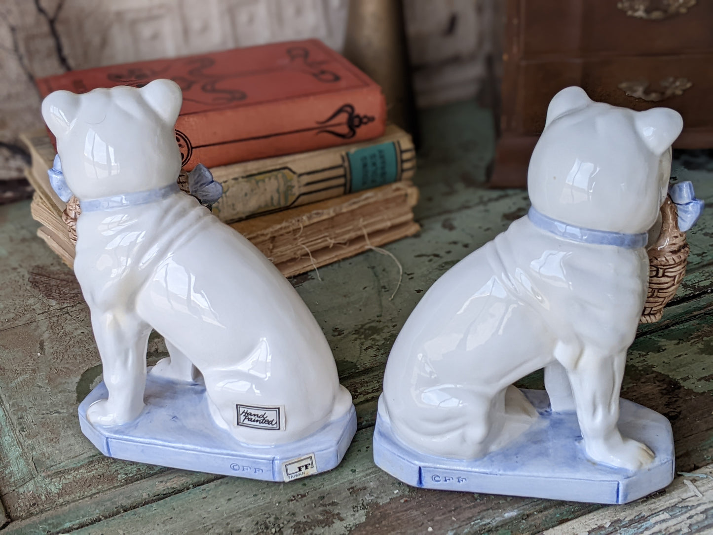 1960s Fitz & Floyd Bulldog Puppies Bookends Porcelain Rare in Amazing Condition !! This Is The Good Stuff Vintage Gifts !!