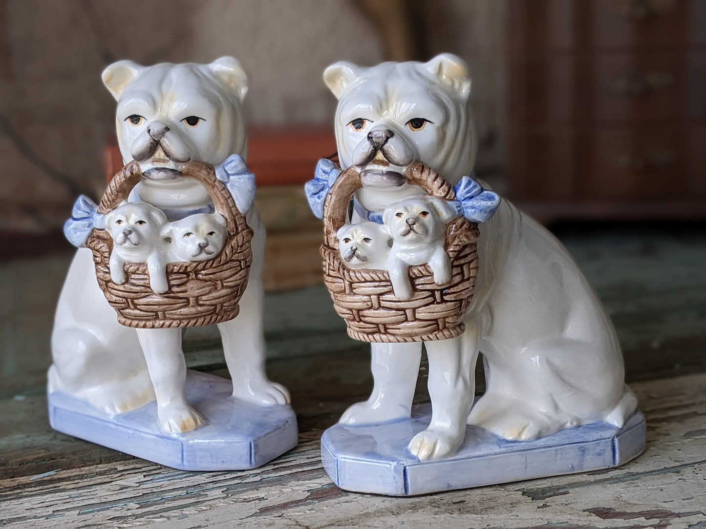 1960s Fitz & Floyd Bulldog Puppies Bookends Porcelain Rare in Amazing Condition !! This Is The Good Stuff Vintage Gifts !!