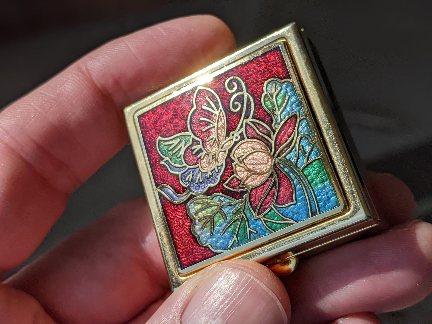 1960s Cloisonne Enamel Floral Square Pill Box !! Collectible Vintage Gifts !!