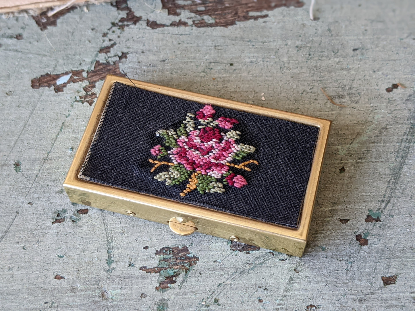 1960s Austrian Needlepoint Pill Bar Box !! Joyful & Handmade Collectible Vintage Gifts !!
