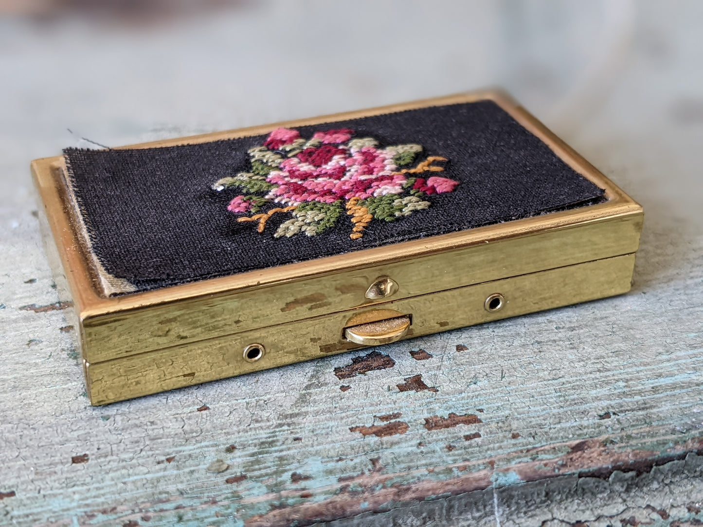 1960s Austrian Needlepoint Pill Bar Box !! Joyful & Handmade Collectible Vintage Gifts !!