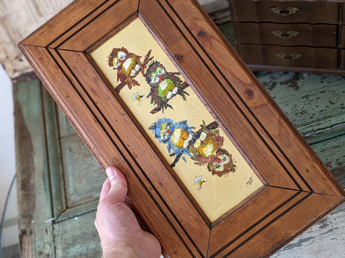 1980 Signed Original Painting By Dorothy Chase Owls Bees Oh My !! Amazing Original Vintage Gifts & Collectibles