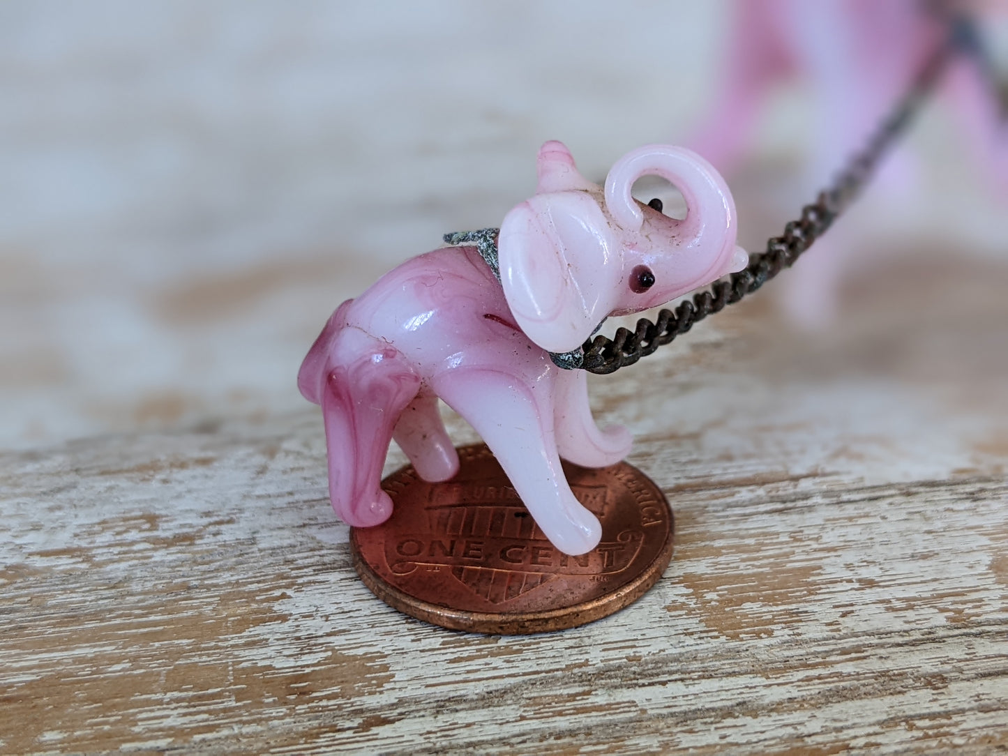 1960s Hand-Pulled Glass Elephant Family Pink Marbled Handmade Blown w Original Chain !! Amazing One-Of-A-Kind Vintage Gifts !!