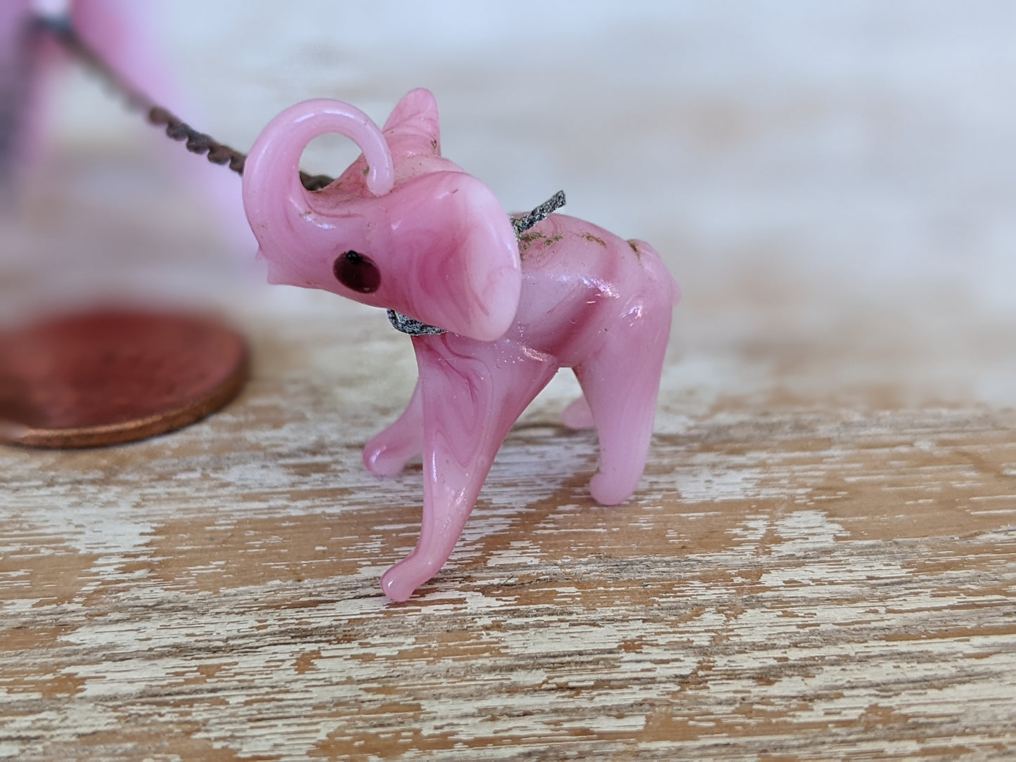 1960s Hand-Pulled Glass Elephant Family Pink Marbled Handmade Blown w Original Chain !! Amazing One-Of-A-Kind Vintage Gifts !!