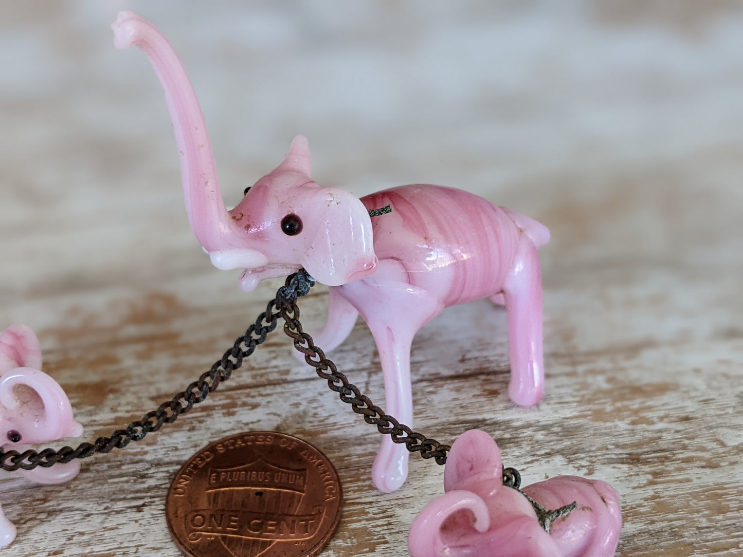 1960s Hand-Pulled Glass Elephant Family Pink Marbled Handmade Blown w Original Chain !! Amazing One-Of-A-Kind Vintage Gifts !!