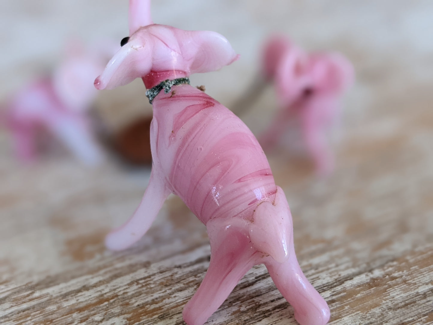 1960s Hand-Pulled Glass Elephant Family Pink Marbled Handmade Blown w Original Chain !! Amazing One-Of-A-Kind Vintage Gifts !!