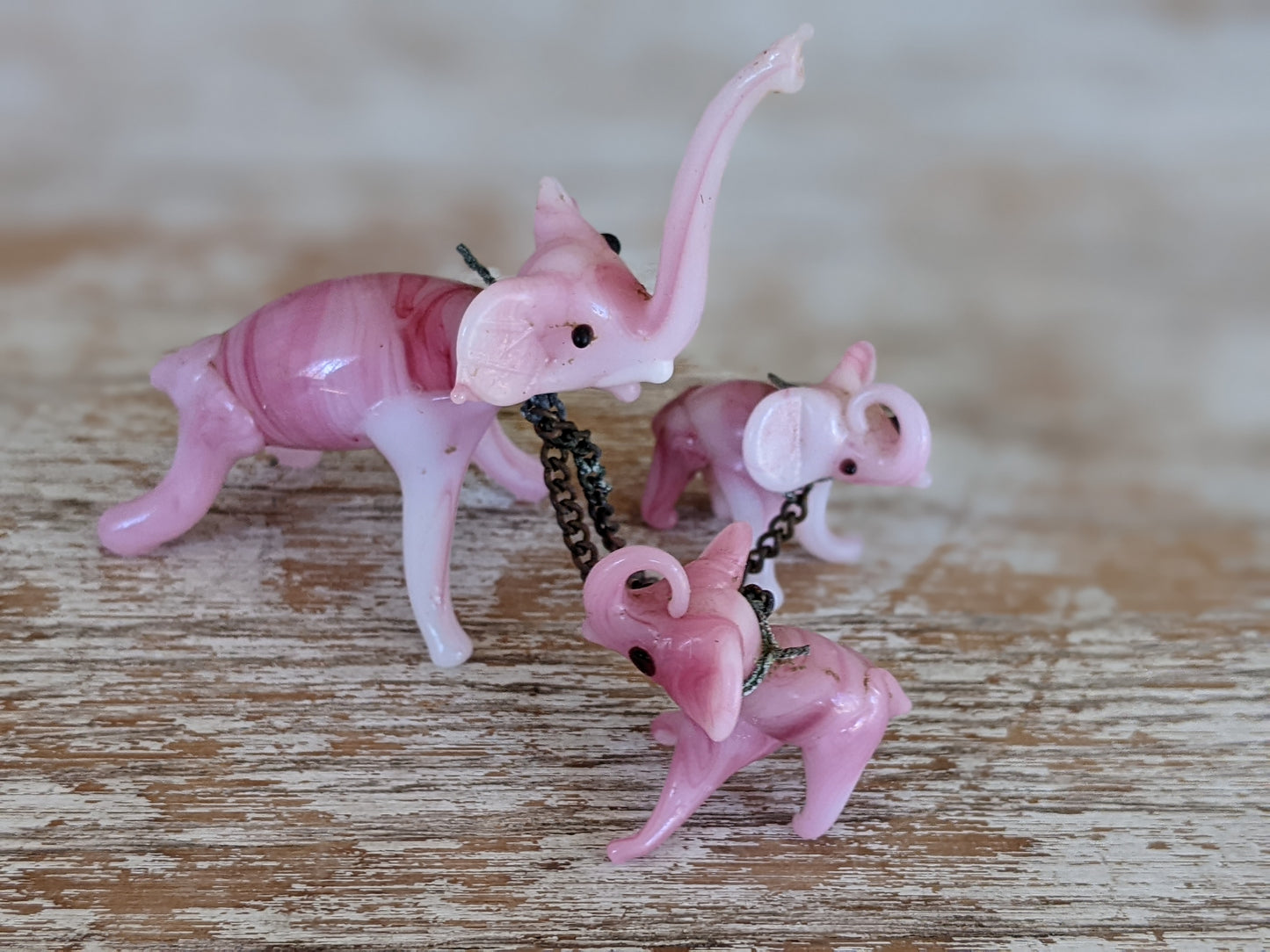 1960s Hand-Pulled Glass Elephant Family Pink Marbled Handmade Blown w Original Chain !! Amazing One-Of-A-Kind Vintage Gifts !!