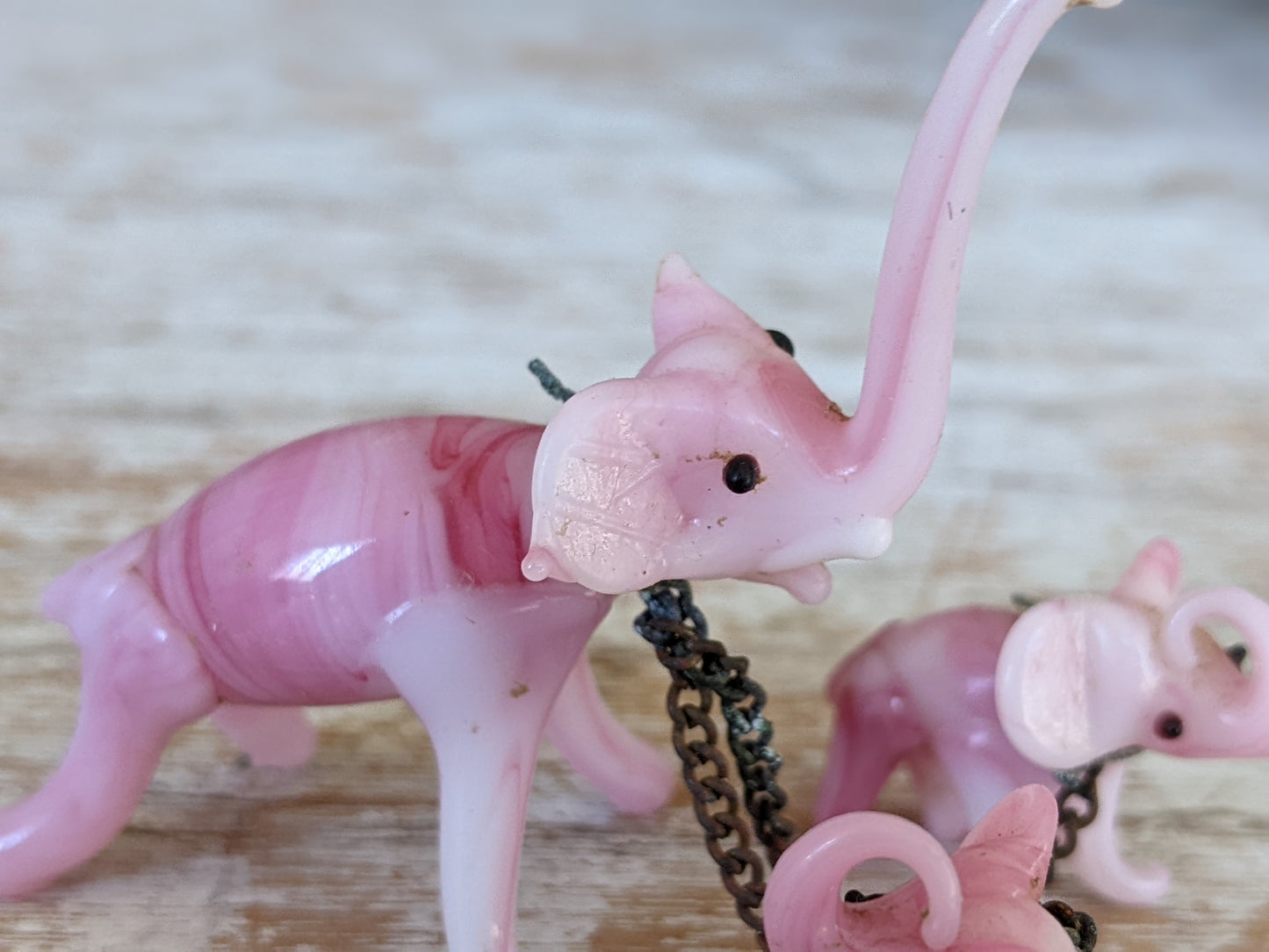 1960s Hand-Pulled Glass Elephant Family Pink Marbled Handmade Blown w Original Chain !! Amazing One-Of-A-Kind Vintage Gifts !!