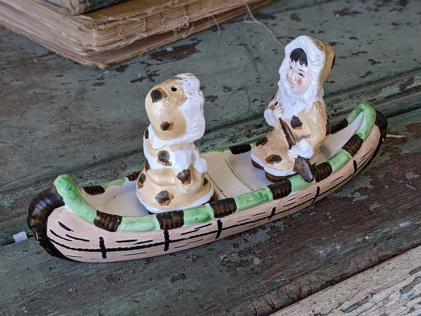 1950s Eskimos Salt Pepper Shakers on Canoe by Victoria Ceramics !! Classic Spicy Vintage Gifts & Collectibles