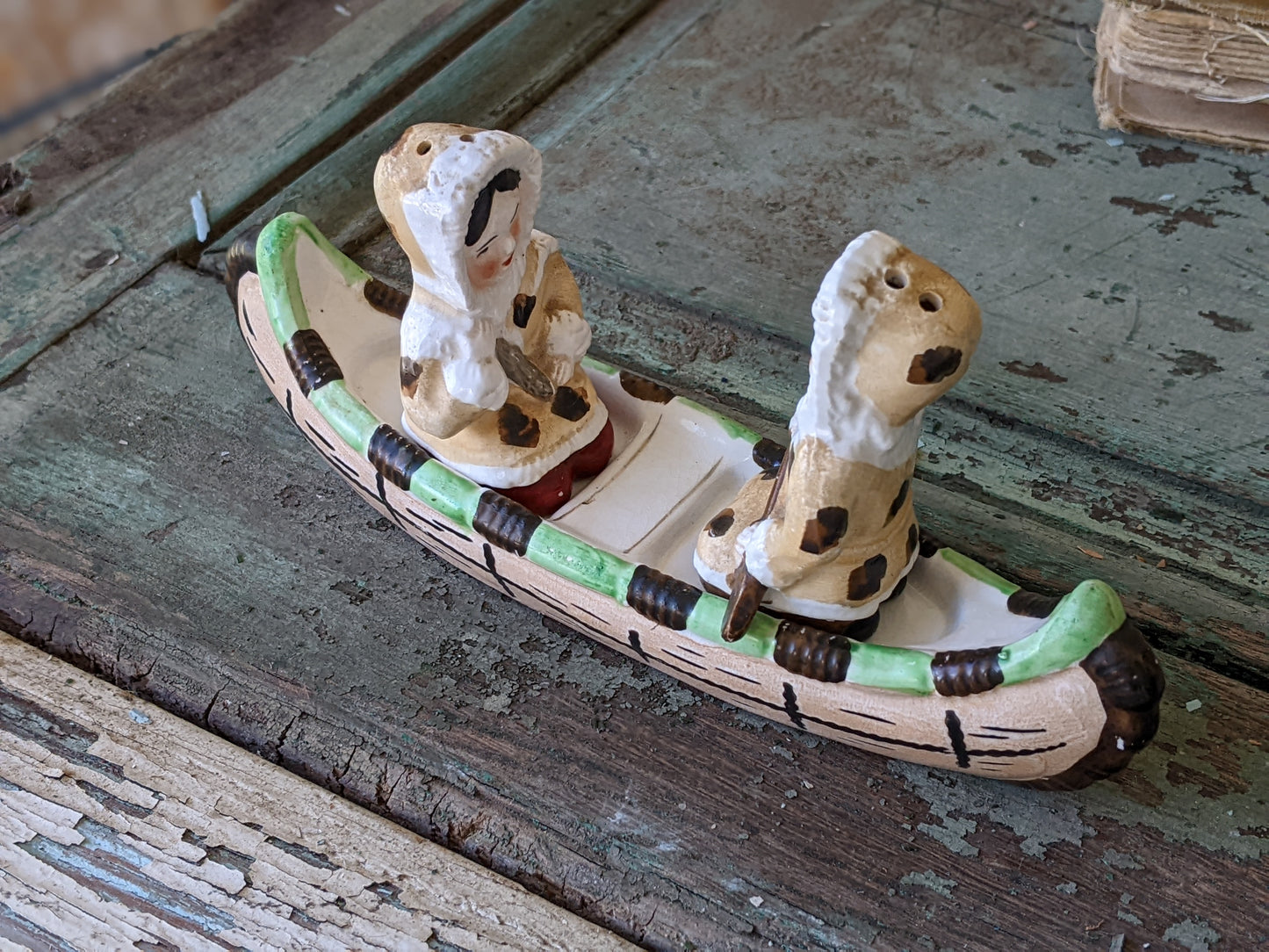 1950s Eskimos Salt Pepper Shakers on Canoe by Victoria Ceramics !! Classic Spicy Vintage Gifts & Collectibles