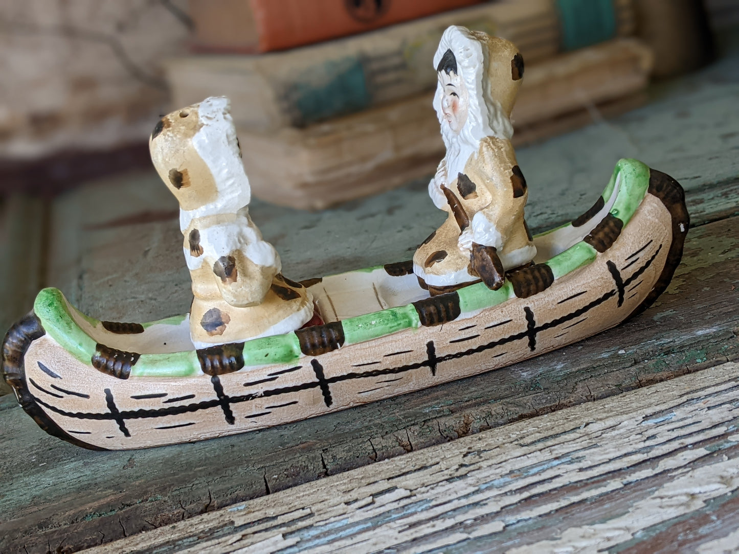 1950s Eskimos Salt Pepper Shakers on Canoe by Victoria Ceramics !! Classic Spicy Vintage Gifts & Collectibles