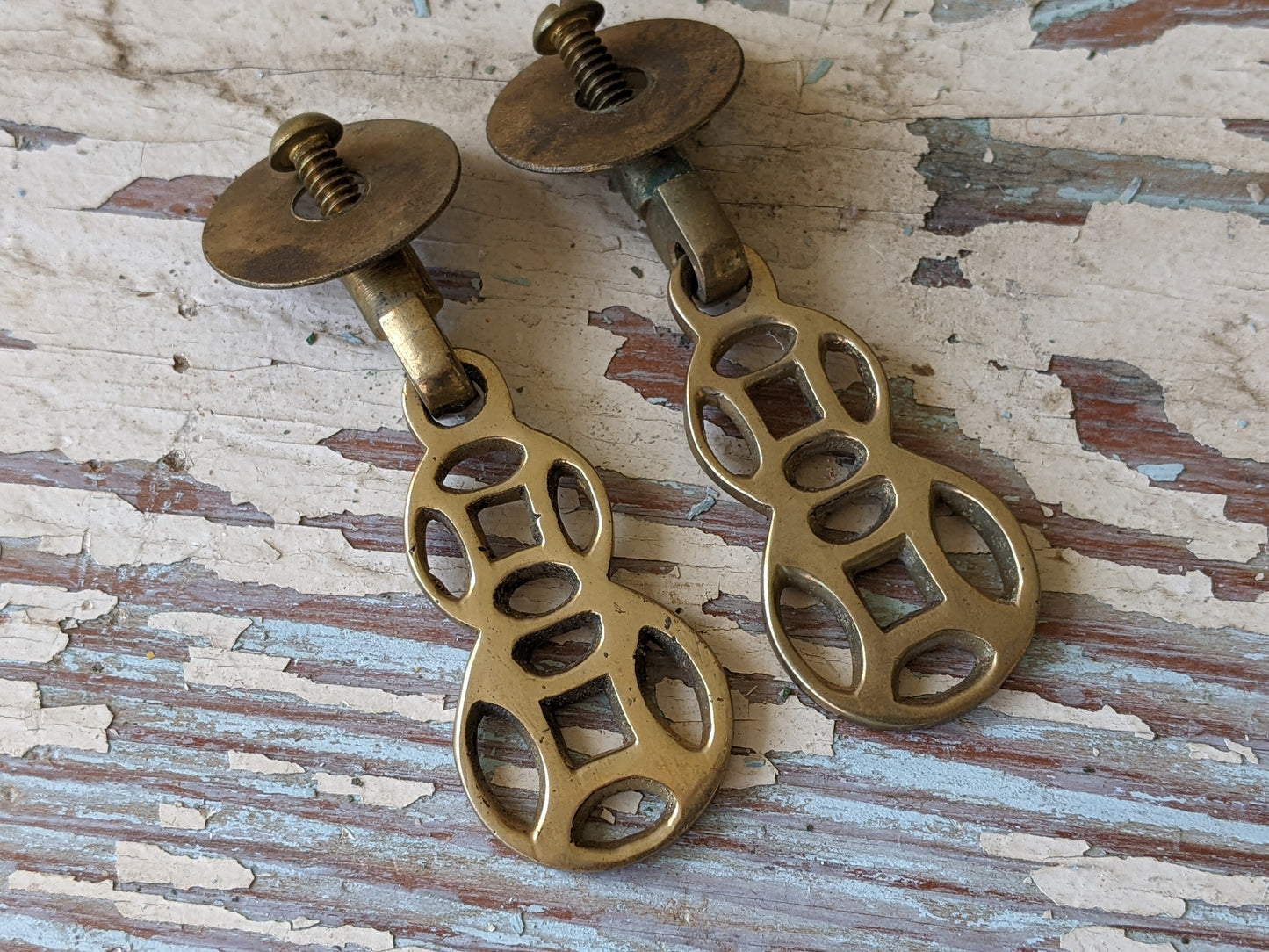 Vintage Asian Style Drawer Pulls w Cast Hinged Pull Brass Plated Finish !! Awesome Vintage Restoration & Creative Hardware !!
