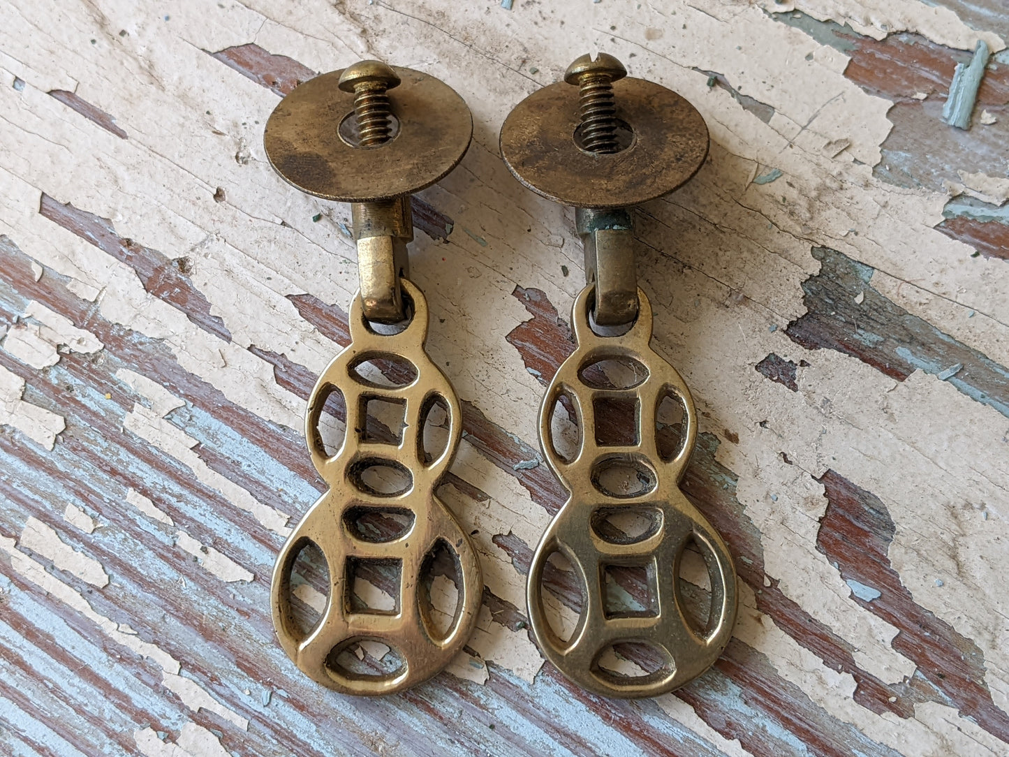 Vintage Asian Style Drawer Pulls w Cast Hinged Pull Brass Plated Finish !! Awesome Vintage Restoration & Creative Hardware !!
